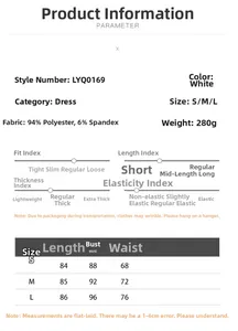 Size chart for sleeveless blazer dress showing S, M, L measurements and fabric specs