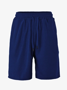 Detail of navy blue knit fabric texture and drawstring waistband on men's casual shorts