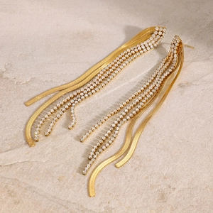 Elegant gold stainless steel tassel earrings with shimmering crystals and snake chains