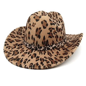 Classic leopard print western cowboy hat with a wide curved brim and metal buckle