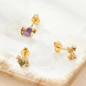 Set of 3 S925 sterling silver gold stud earrings with colorful zircon gemstones