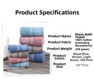 Detailed size and material chart for 70x140cm cotton bath towels with geometric pattern