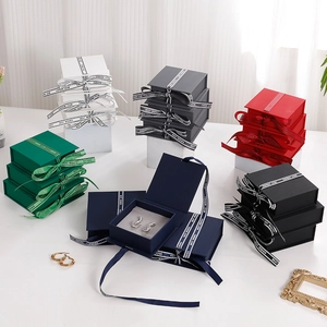 Jewelry Gift Box Flip Top Packaging With Satin Ribbon Bow For Necklace Earring Ring Elegant Paper Cardboard Storage Case