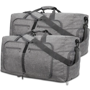 Detail showing two grey travel bags in large and small sizes with adjustable straps