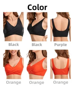 Detailed views of crossover V-neck bikini top in black and orange from multiple angles