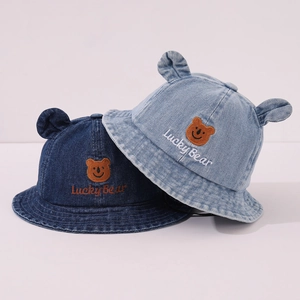 Cappello Pescatore Bambini Cotone Denim Tesa Larga Protezione Solare Simpatiche Orecchie Orso Cartone Per Ragazzi Ragazze