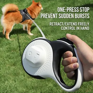 8M automatic retractable dog leash with ergonomic handle used in outdoor grassy field