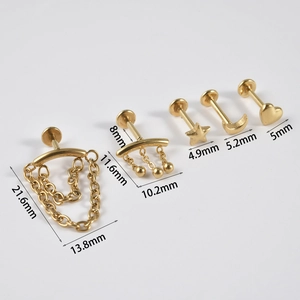 Ensemble de 5 piercings dorés en acier inoxydable avec motifs étoile, lune et coeur