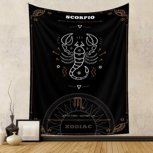 Zodiac Constellation Wall Hanging Tapestry Black Gold Polyester Fabric Bohemian Aesthetic Mystery Astrology Bedroom Decor