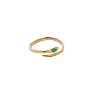 Minimalist snake shaped gold ring with green zircon eyes and polished stainless steel finish