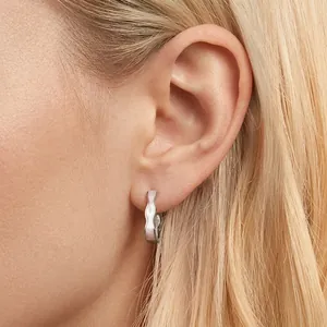 Minimalist S925 sterling silver hoop earrings with pink enamel wavy design for women