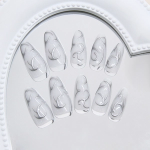 3D metallic cat eye press on nails with almond shape and silver swirl line patterns