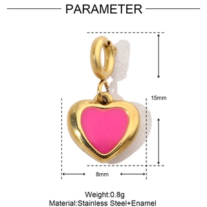 Detail view of pink enamel heart charm with stainless steel gold frame and dimensions