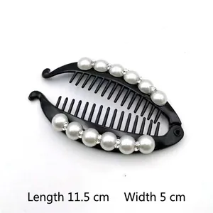 Pince à cheveux banane noire avec perles blanches et strass pour femme, longueur 11,5 cm