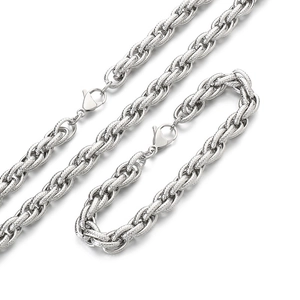 Polished silver stainless steel textured twist chain necklace and bracelet jewelry set