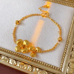 Vintage Flower Bracelet Copper Real Gold Plated Double Layer Chain Elegant Jewelry Gift For Women