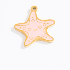 Detail of a pink starfish enamel charm with a gold-plated outline and smiley face