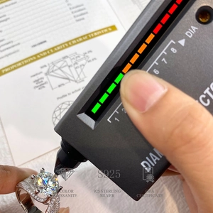 Macro shot of S925 silver moissanite ring being tested with a professional diamond selector