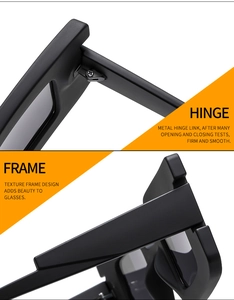 Detail of durable metal hinges and textured plastic frame on black square sunglasses