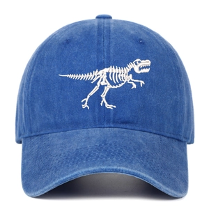 Close-up of dinosaur skeleton embroidery on washed blue cotton baseball cap texture