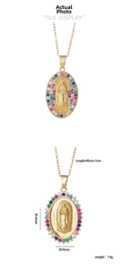 Detail of Virgin Mary pendant with colorful cubic zirconia and dimensions 30.4x20.9mm