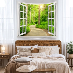 3D forest window tapestry showing sunlit woodland path on a cozy bedroom wall