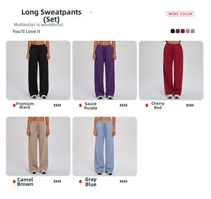 Detail view of five assorted color options for high-waisted drawstring sports sweatpants