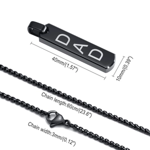 Detailed dimensions of black stainless steel rectangular pendant with DAD engraving
