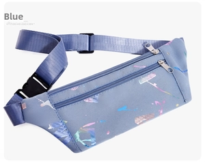 Close-up of blue waist bag with colorful laser splatter pattern and adjustable strap