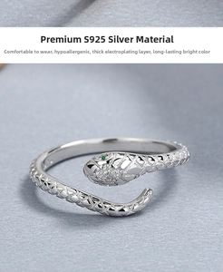 Macro detail of S925 silver snake ring with green gem eyes and textured scales