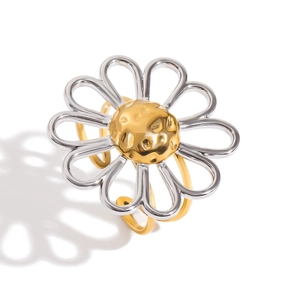 Two-tone stainless steel daisy flower open ring with textured golden core and silver petals