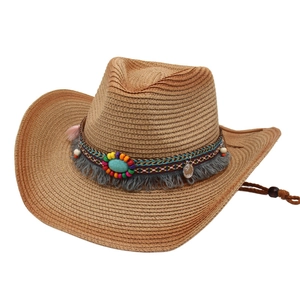 Brown straw western cowboy sun hat with ethnic turquoise beads and fringe detail