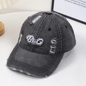 Distressed dark grey washed denim baseball cap with 3D letter embroidery and vintage holes