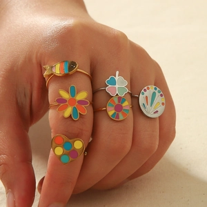 Bohemian Titanium Steel Enamel Adjustable Open Ring For Women Vintage Heart Clover Flower Fish Colorful Jewelry Gift