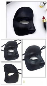Close-up of matte black phantom masquerade mask showing texture and elastic strap detail