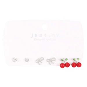 Detailed set of three alloy earrings featuring sparkling zircon, silver bows, and cute cherries