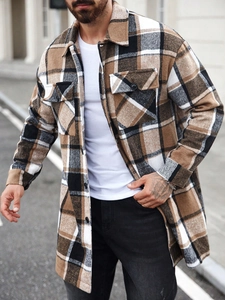 Detailed view of men's long plaid shirt jacket in brown and black checkered pattern