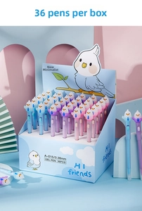 Close-up of 36pcs cartoon bird gel pens set in a creative pastel display box