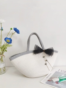 Woven cotton rope tote bag in white and grey with black mesh bow and bead charms