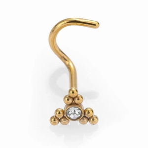 Gold sunflower nose stud with a clear zircon stone and curved stainless steel bar