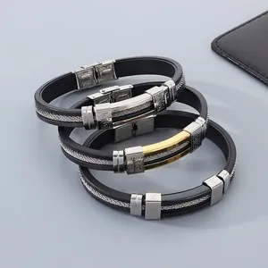 Men's fashion silicone bracelet set with stainless steel hardware and engraved geometric patterns