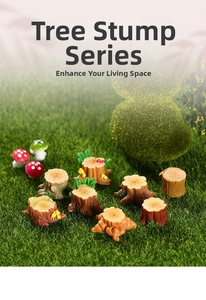 Detailed macro view of assorted miniature resin tree stumps with realistic moss texture