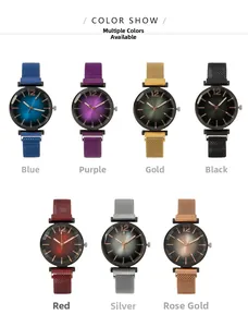 Detail view of seven color options for women's quartz watch with magnetic mesh strap