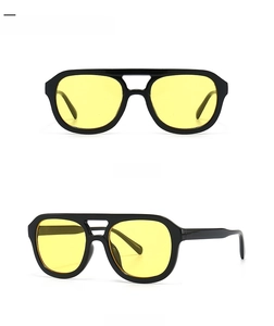 Front and 45-degree side views of modern retro square sunglasses with black frames and yellow lenses