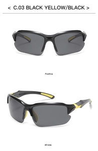 Macro detail of sports cycling sunglasses with ergonomic black frame and yellow rubber grip