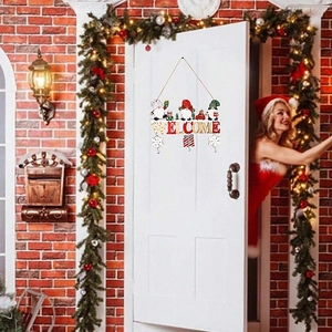 Christmas gnome welcome wooden door sign with gift box and snowflake festive wall decor