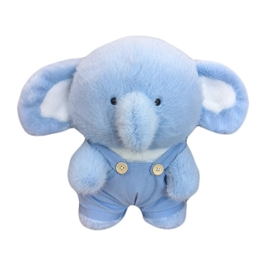 Cute sky blue plush elephant doll wearing striped overalls with yellow buttons