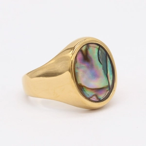 Gold oval signet ring featuring a polished finish and vibrant abalone shell inlay