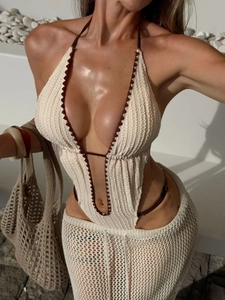 Maillot De Bain Une Pièce Au Crochet Pour Femmes Dos Nu Col En V Profond Bohème Tricoté Monokini