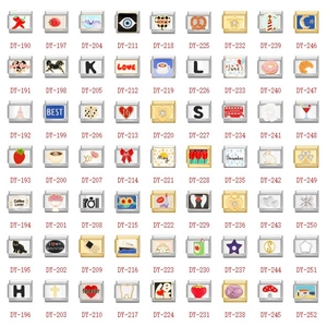 Grid catalog showing Italian charms modules with gold bases and diverse enamel patterns